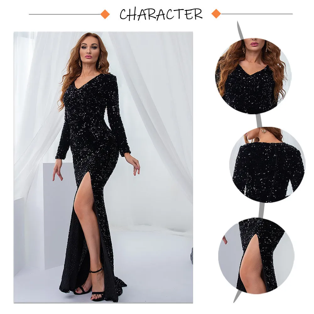 Luxury Black Long Sleeve Evening Gown Sequin Stretchy Velvet V Neck Mermaid Prom Floor Length Dress Burgundy Winter