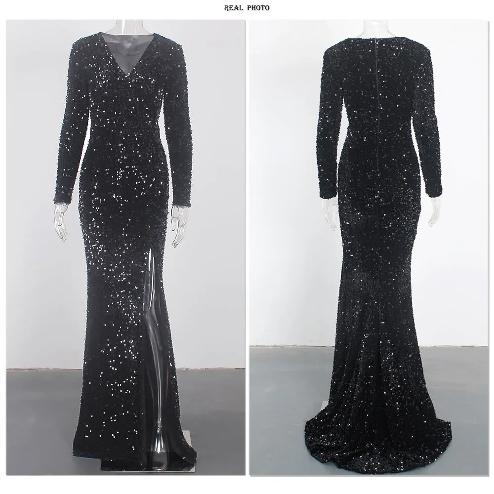 Luxury Black Long Sleeve Evening Gown Sequin Stretchy Velvet V Neck Mermaid Prom Floor Length Dress Burgundy Winter