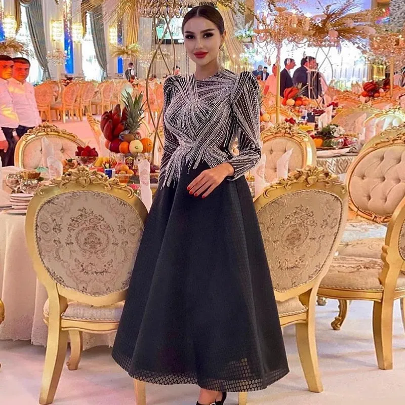 Luxury Black Short Muslim Long Sleeves Evening Dress SS212