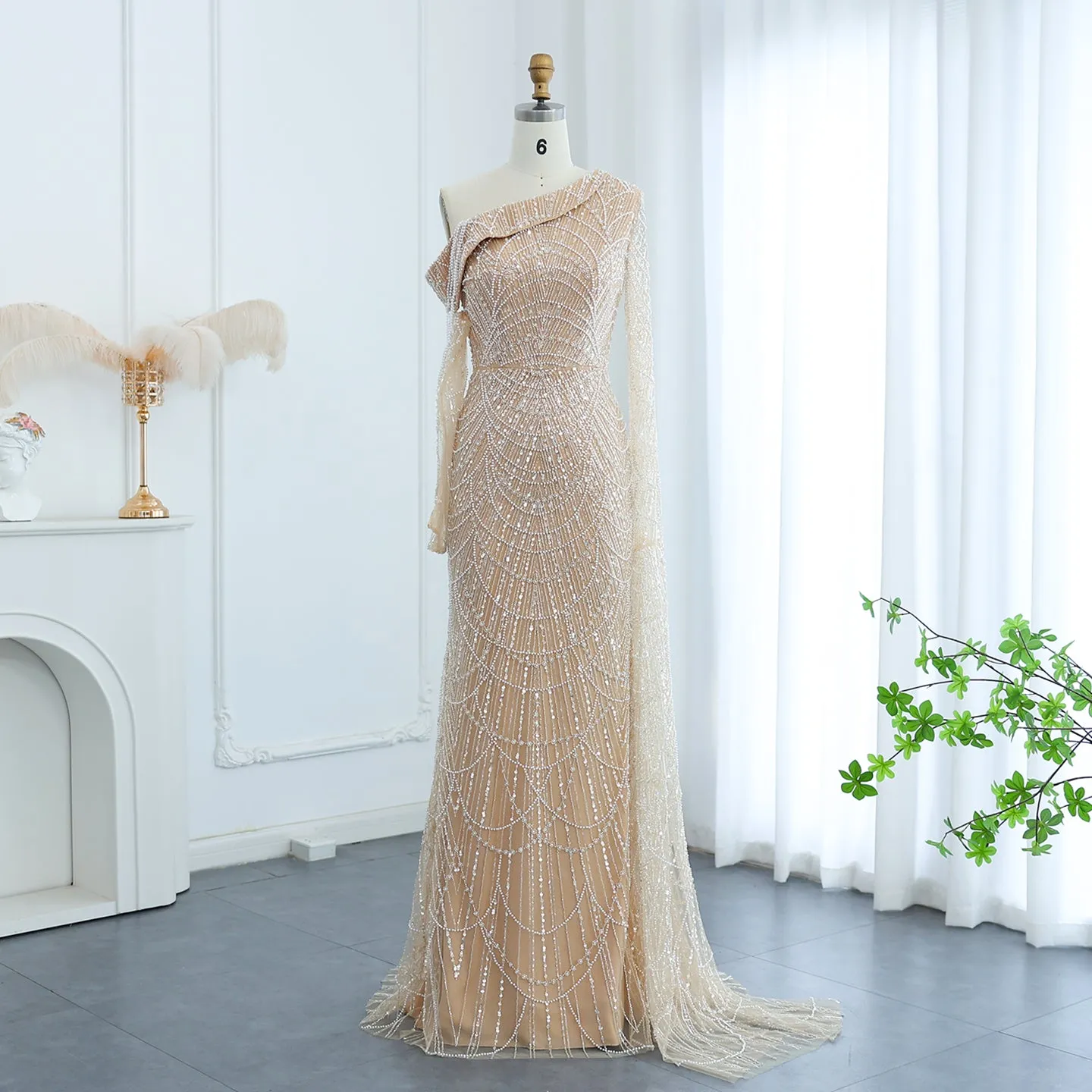 Luxury Champagne Beaded Mermaid Evening Dress with Cape Sleeve SS112