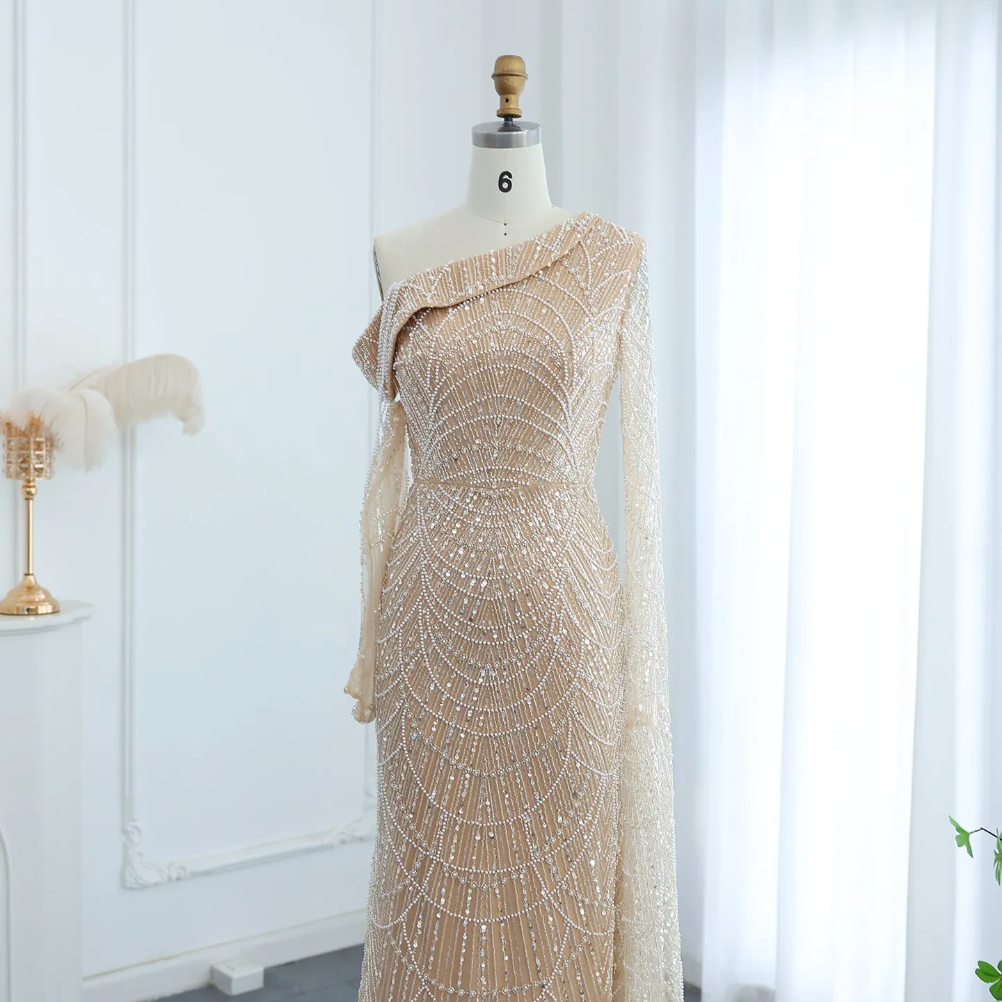 Luxury Champagne Beaded Mermaid Evening Dress with Cape Sleeve SS112