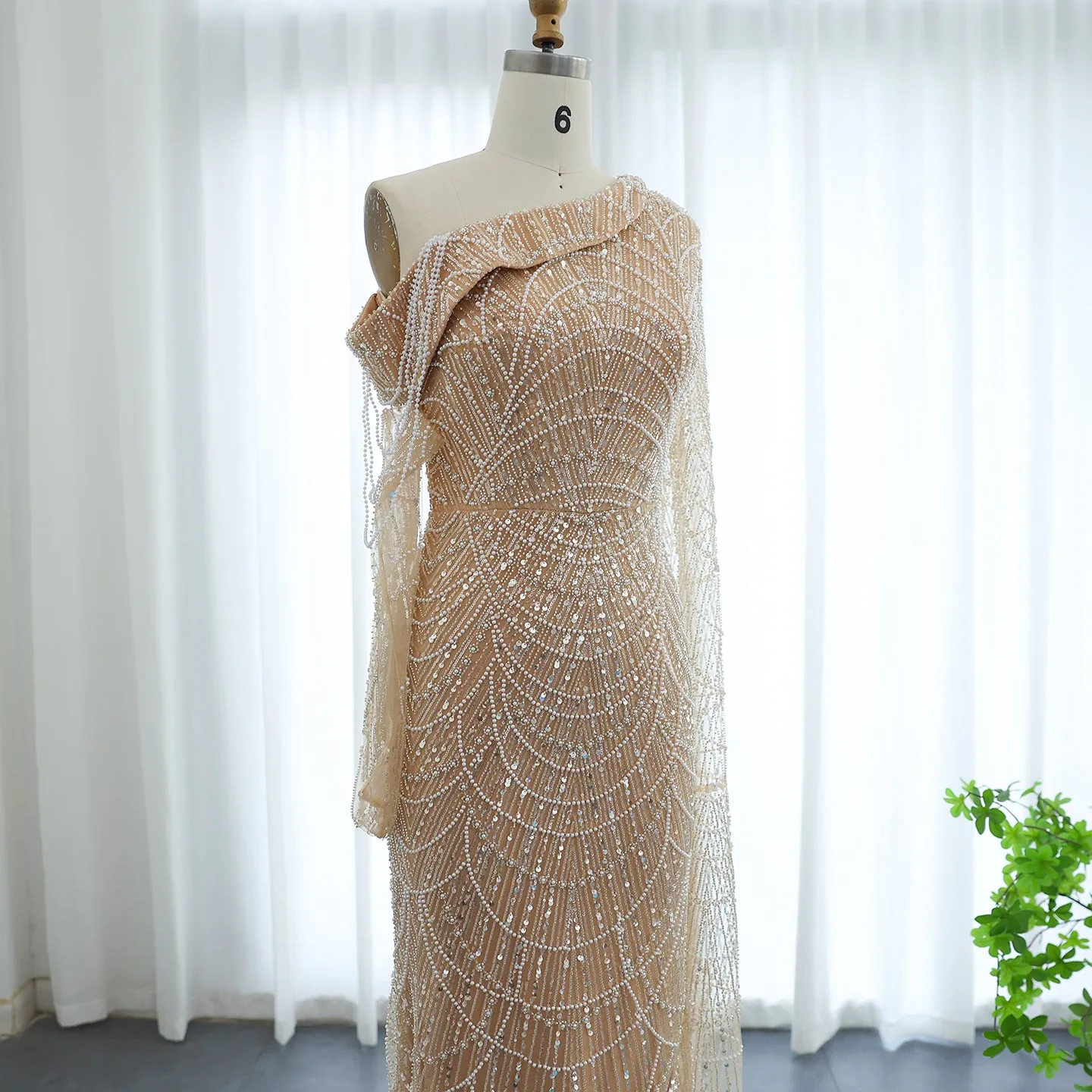 Luxury Champagne Beaded Mermaid Evening Dress with Cape Sleeve SS112