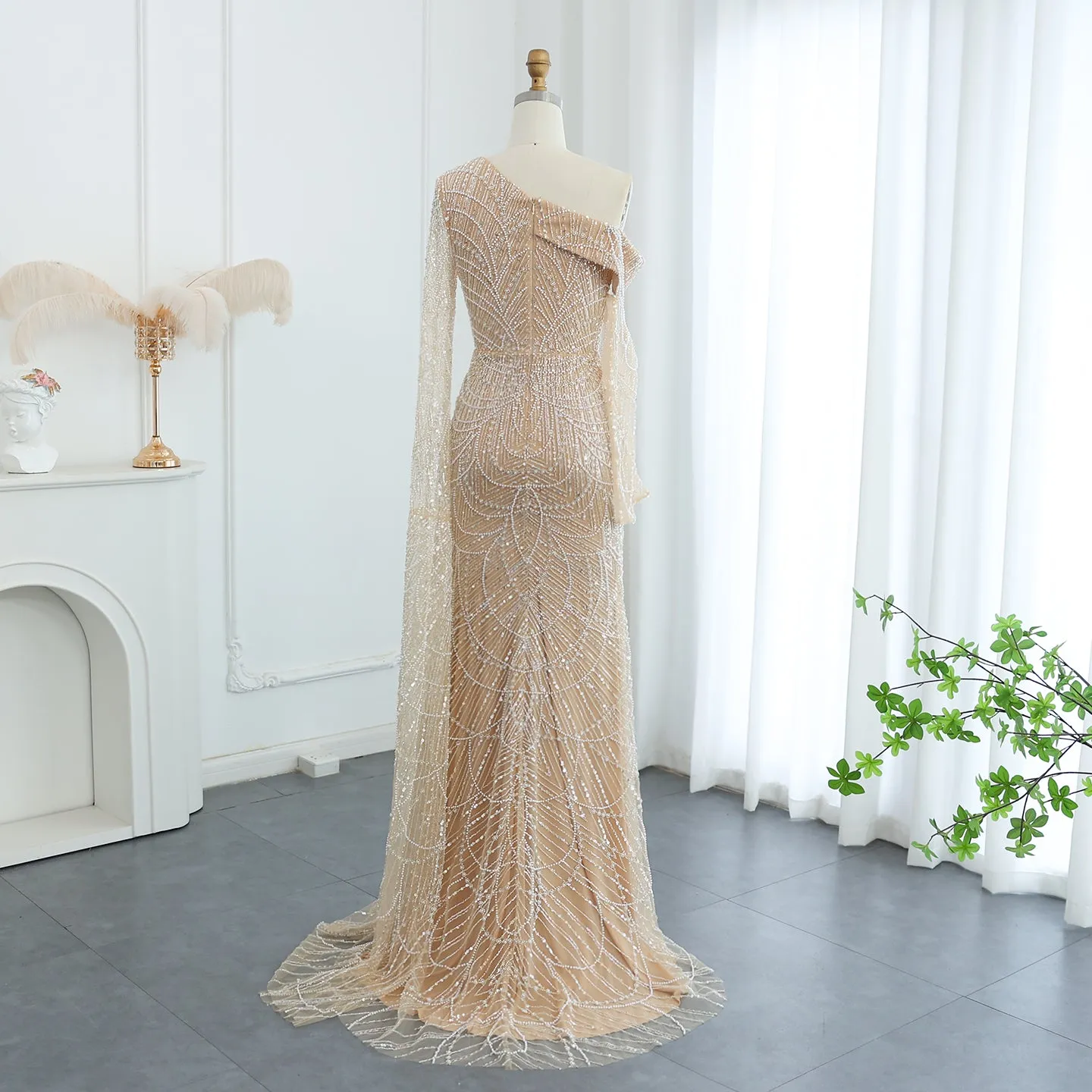 Luxury Champagne Beaded Mermaid Evening Dress with Cape Sleeve SS112