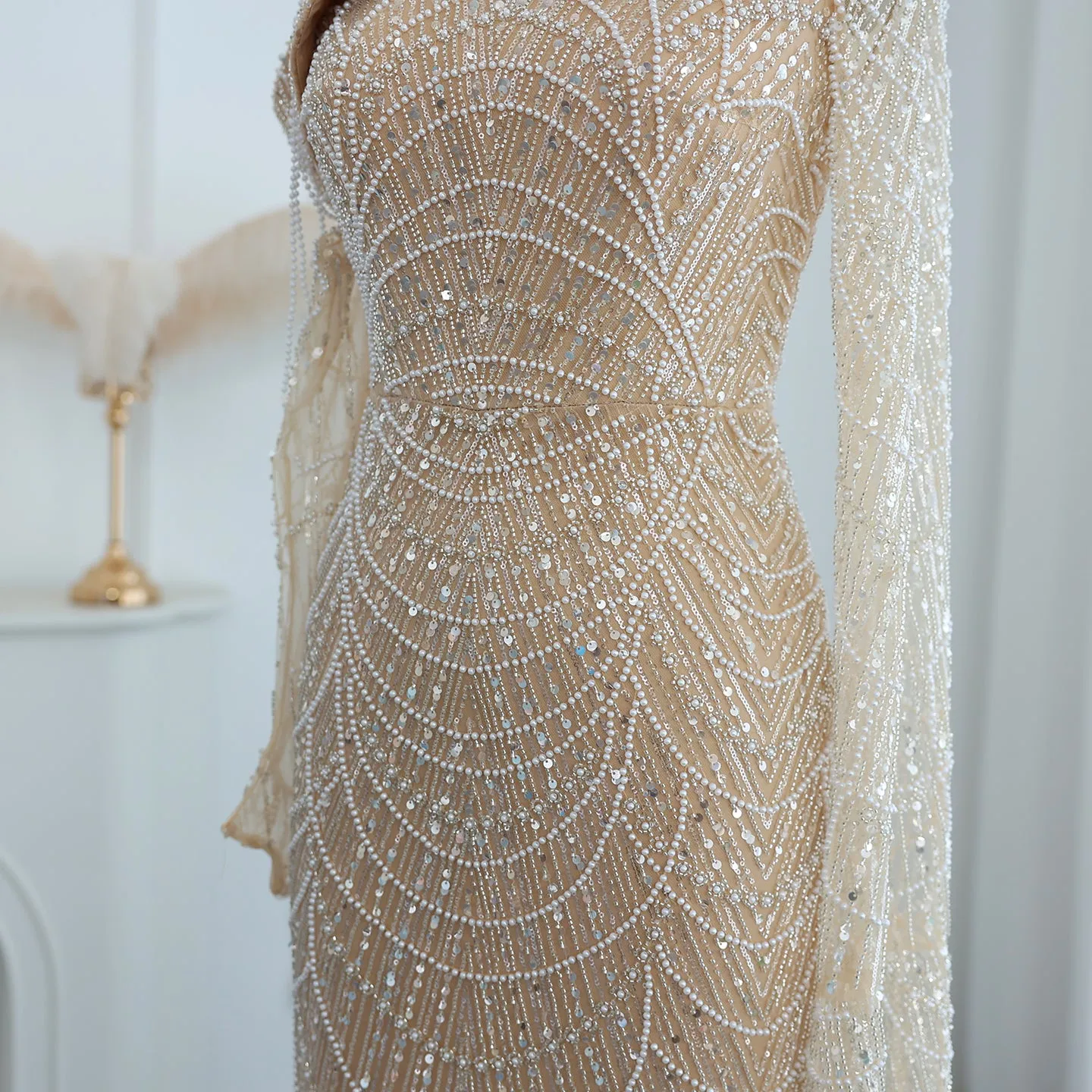 Luxury Champagne Beaded Mermaid Evening Dress with Cape Sleeve SS112