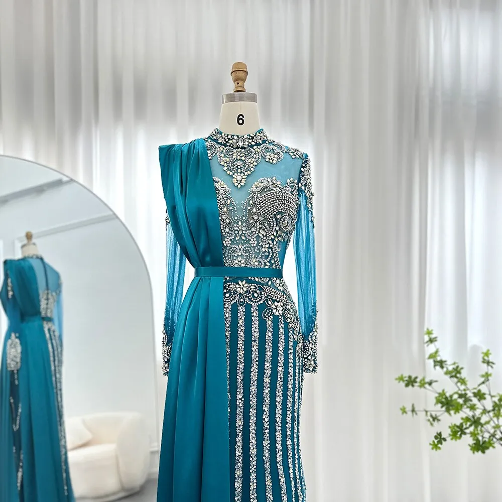 Luxury Crystal Muslim Evening Dress with Overskirt SS013