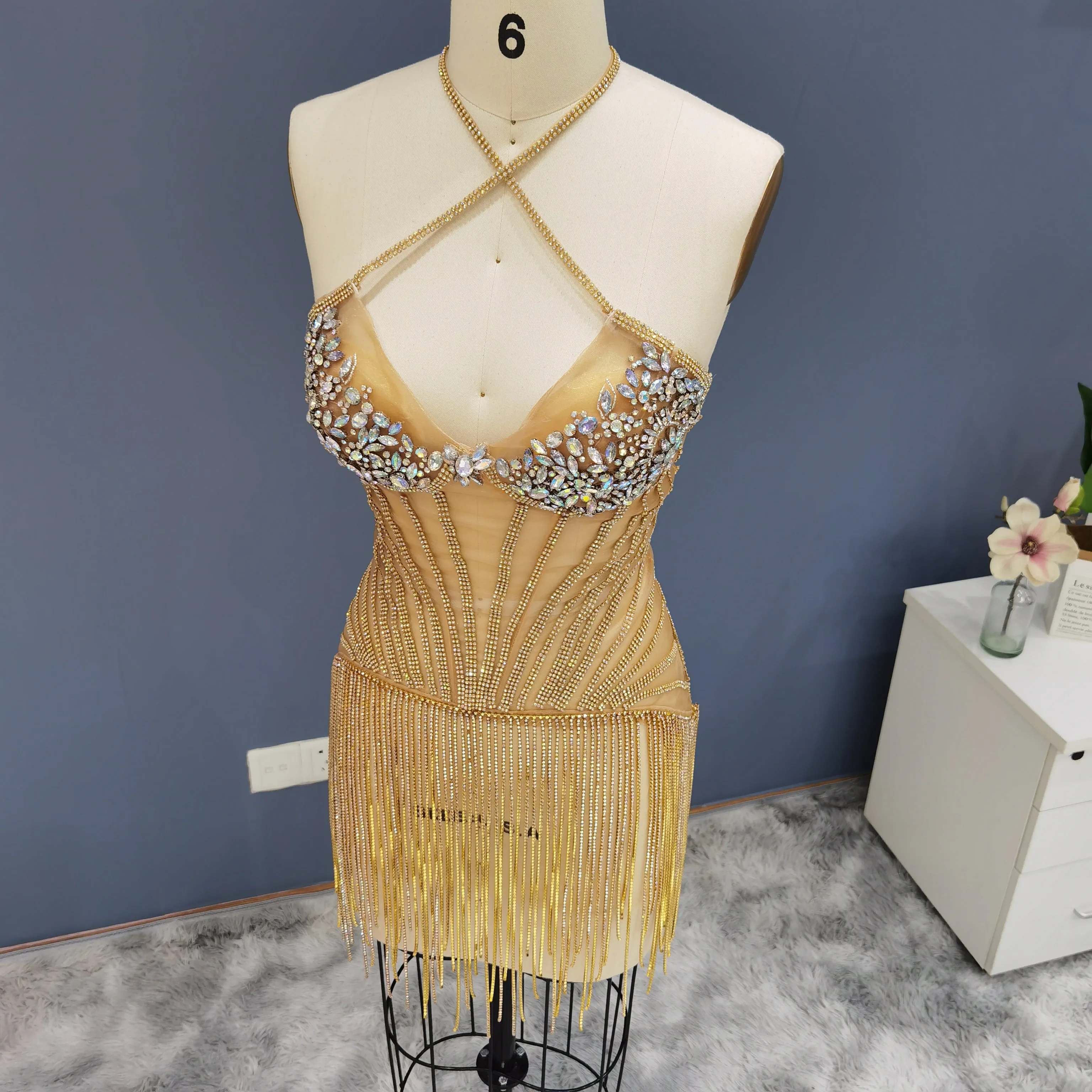 Luxury Crystal Tassels Criss Cross Halter Short Cocktail Dress RM011