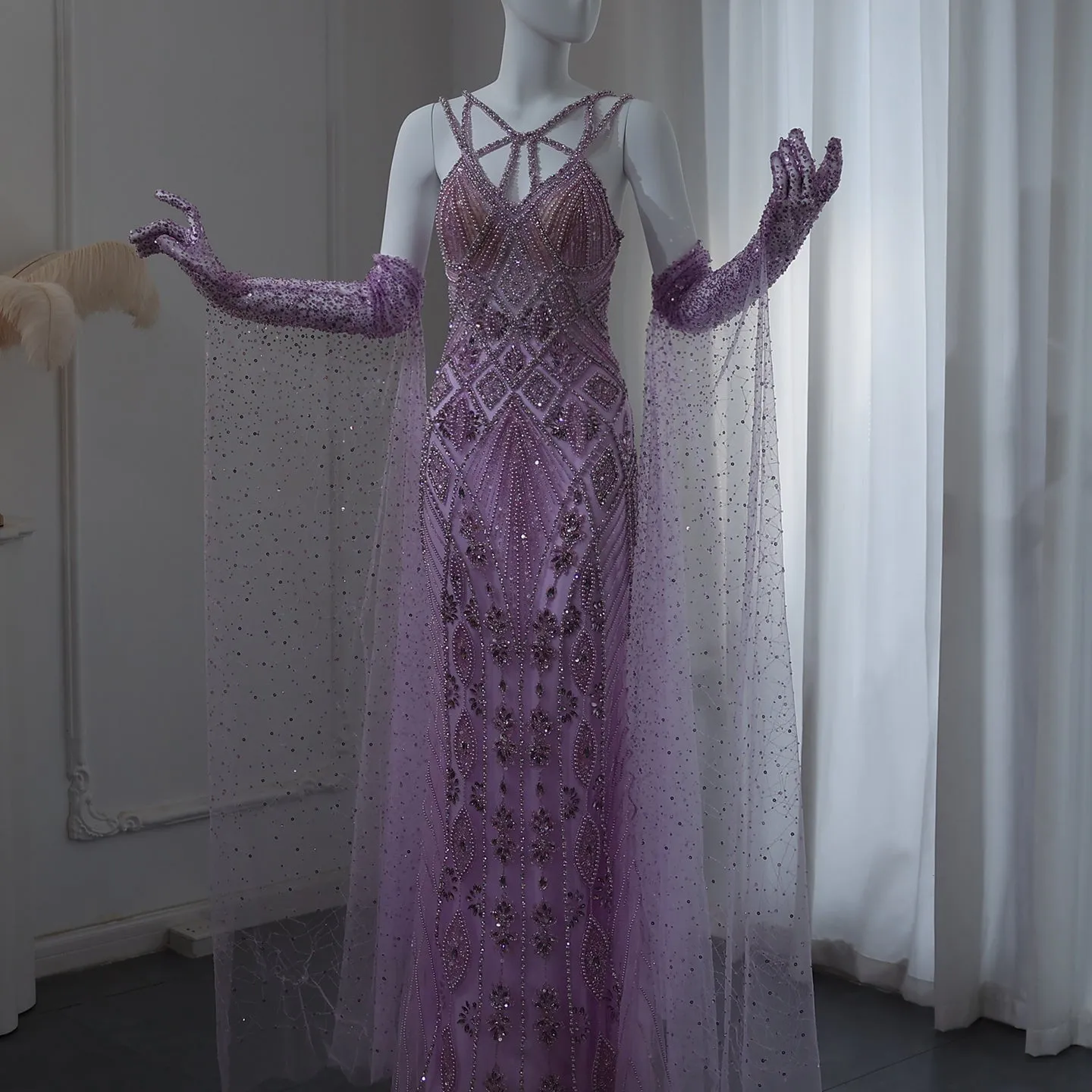 Luxury Lilac Evening Dress with Gloves Cape Sleeves SS437