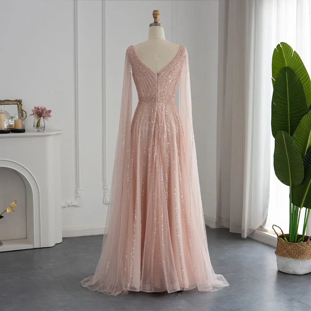 Luxury Nude Evening Dress with Cape Sleeves SS322