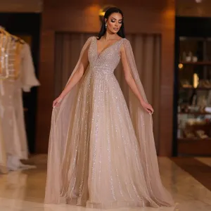 Luxury Nude Evening Dress with Cape Sleeves SS322