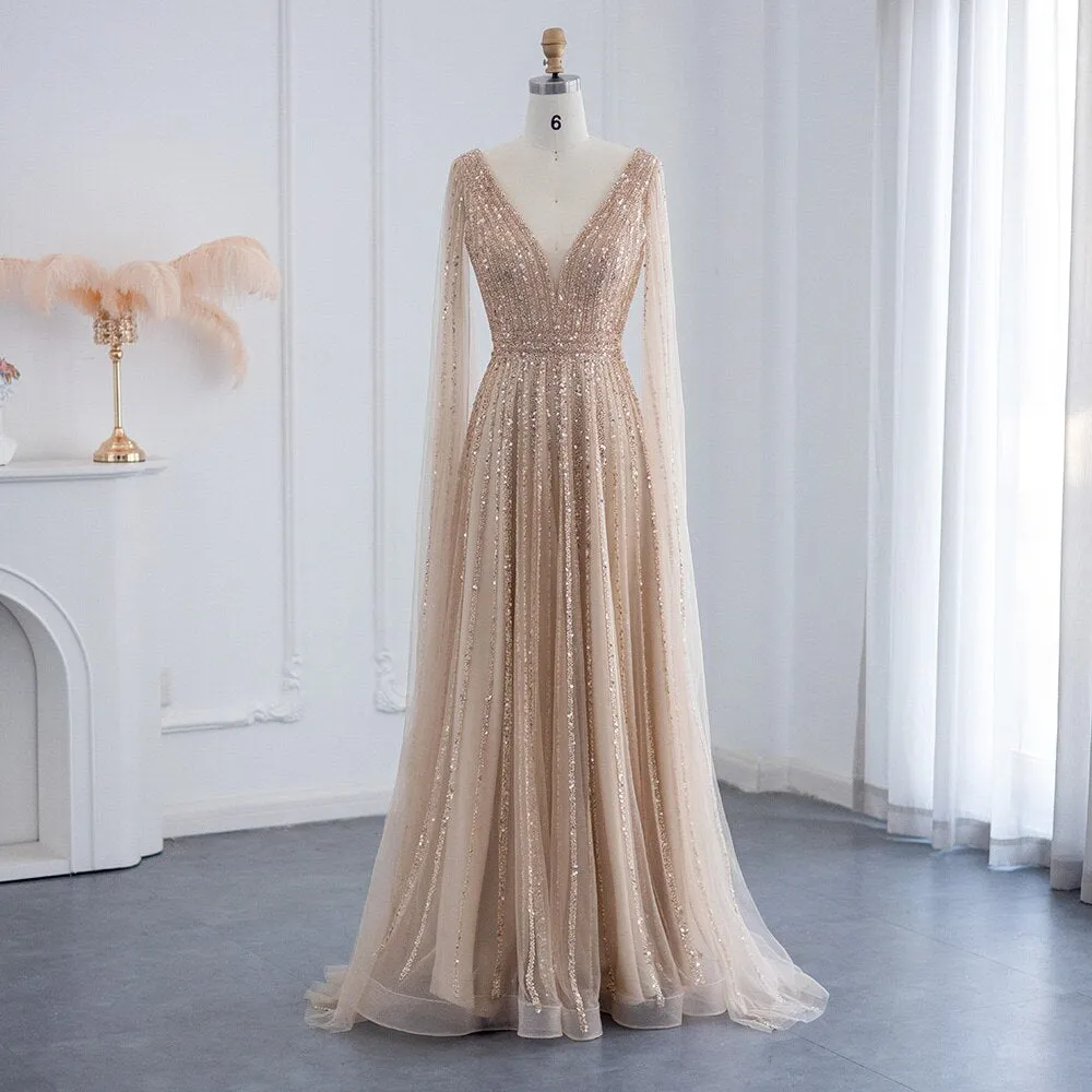 Luxury Nude Evening Dress with Cape Sleeves SS322