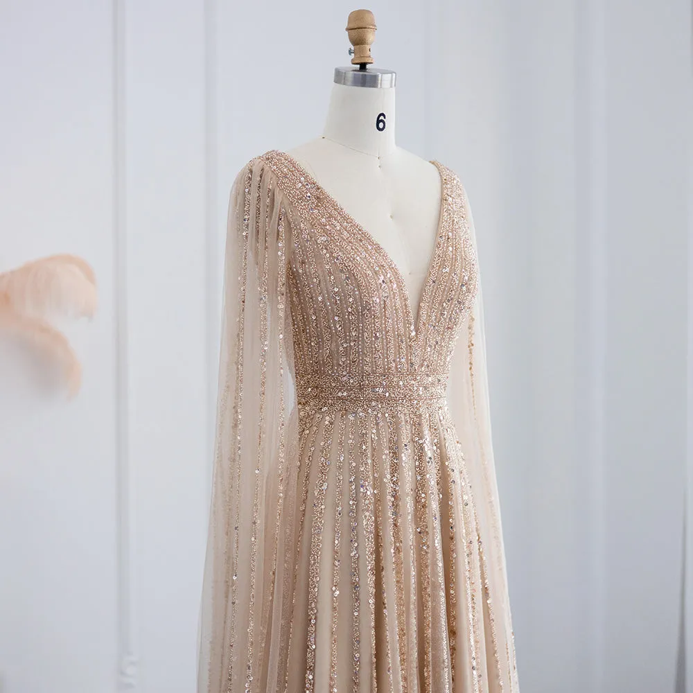 Luxury Nude Evening Dress with Cape Sleeves SS322