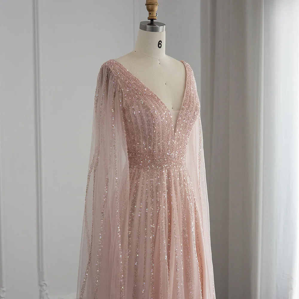 Luxury Nude Evening Dress with Cape Sleeves SS322