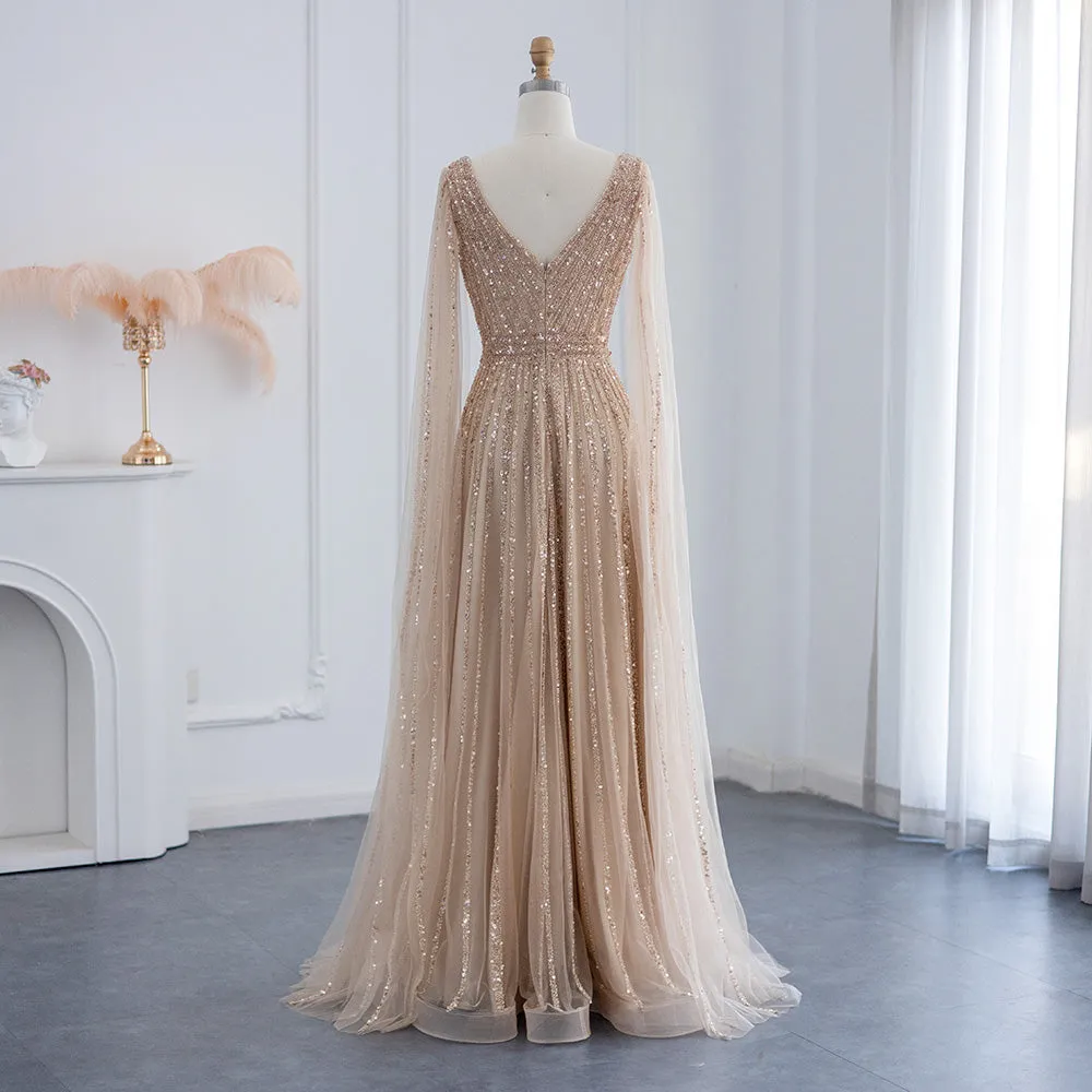 Luxury Nude Evening Dress with Cape Sleeves SS322