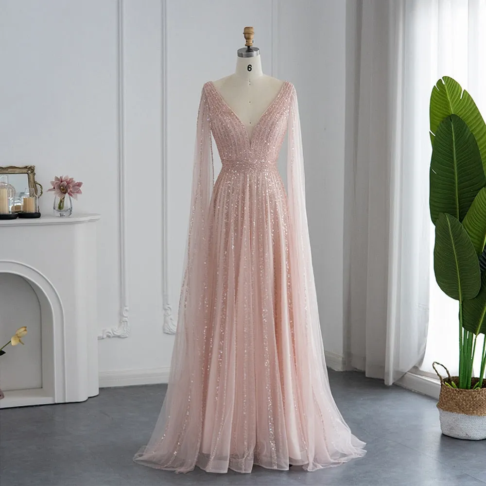 Luxury Nude Evening Dress with Cape Sleeves SS322