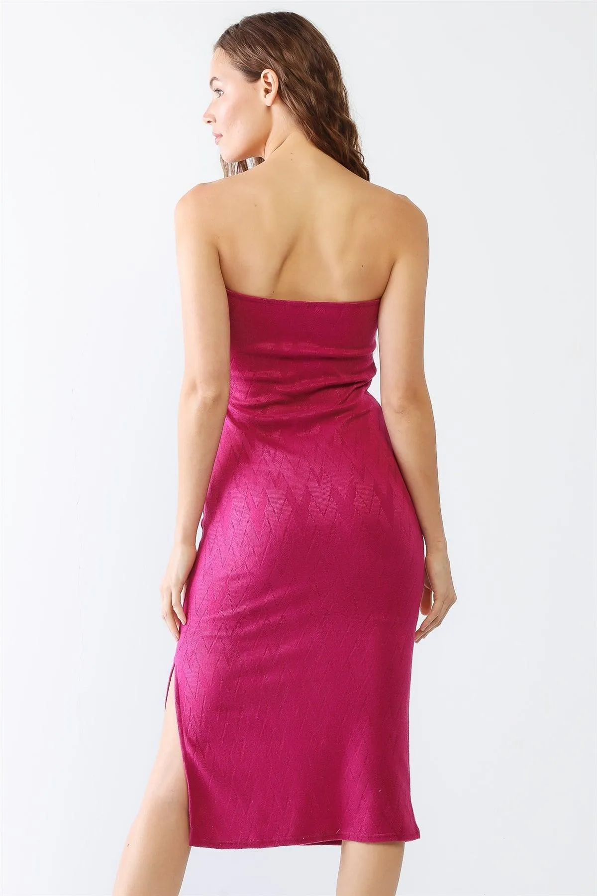 Magenta Geo Print Strapless Slit Midi Dress