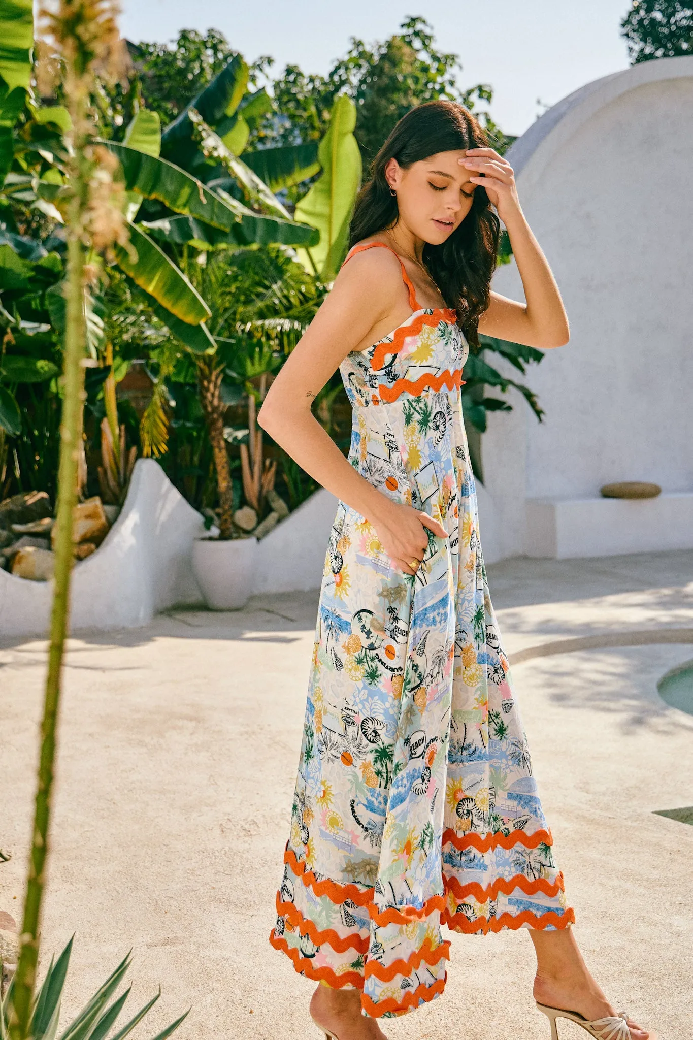 Malibu Orange Blue Tropical Ric Rac Tiered Maxi Dress