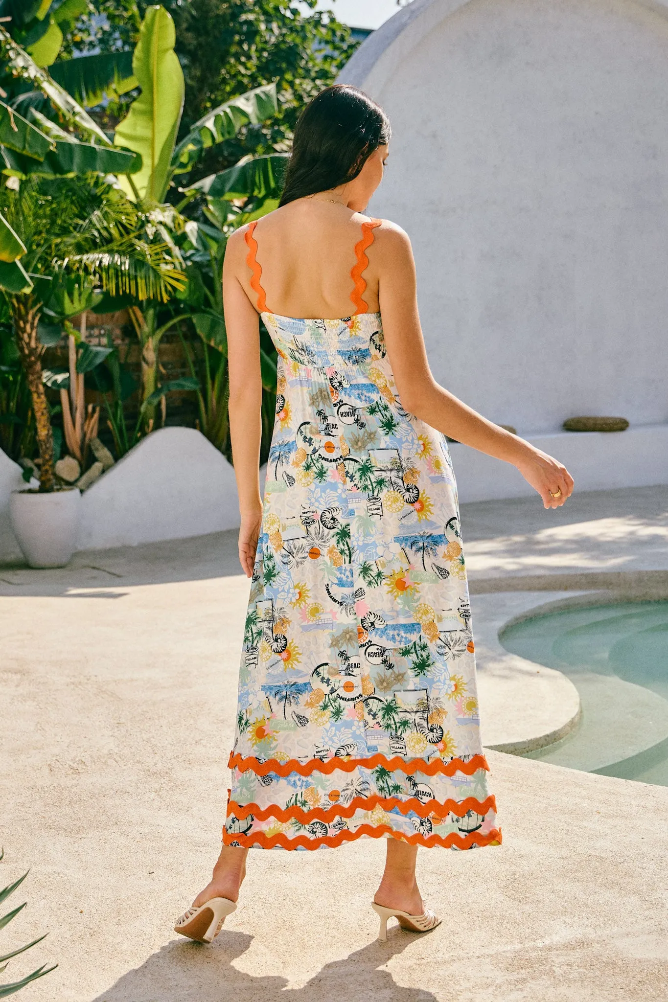 Malibu Orange Blue Tropical Ric Rac Tiered Maxi Dress