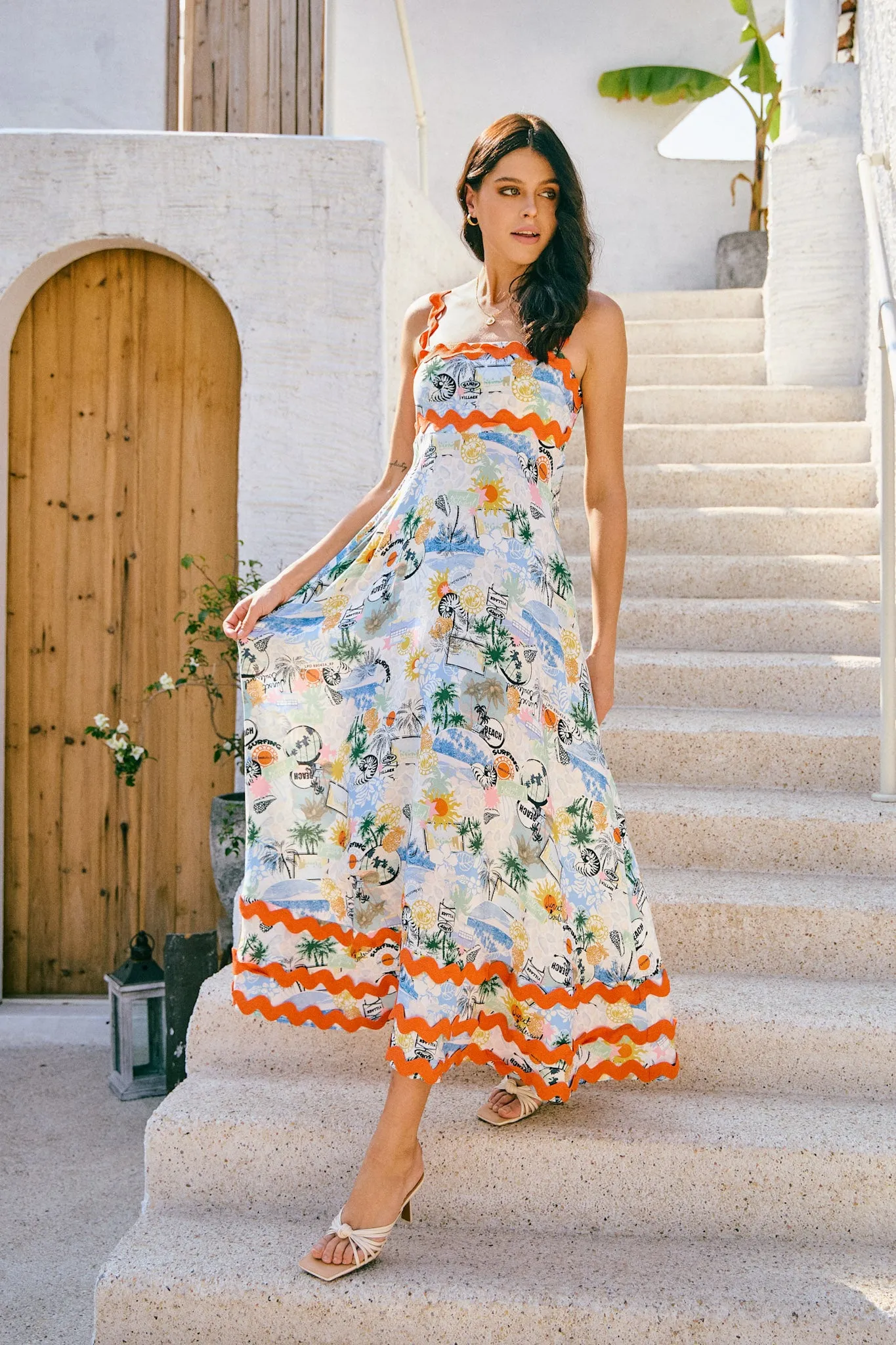 Malibu Orange Blue Tropical Ric Rac Tiered Maxi Dress