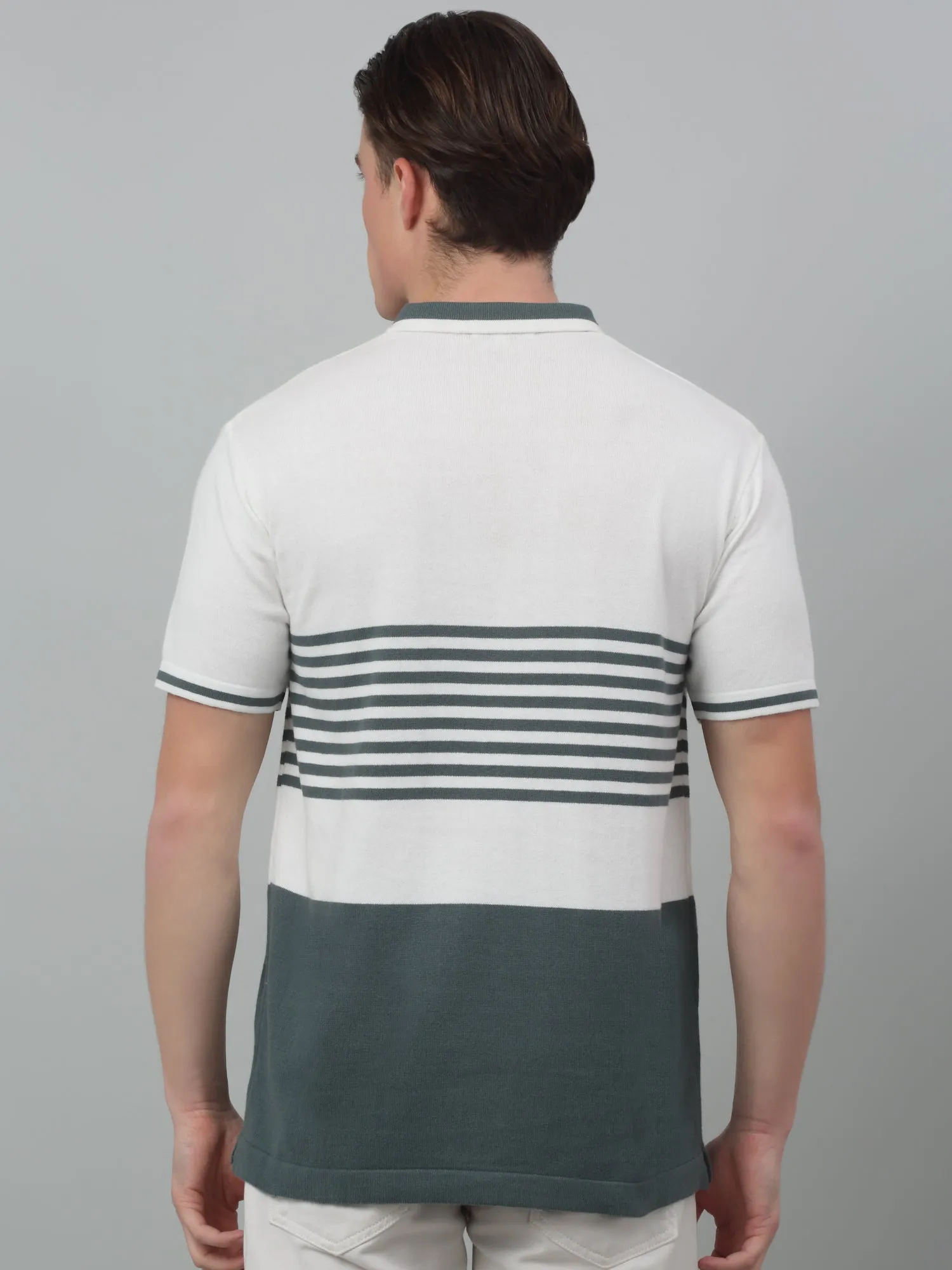 Men's Ivory Stripe Polo neck Half Sleeve Flatknit T-Shirt