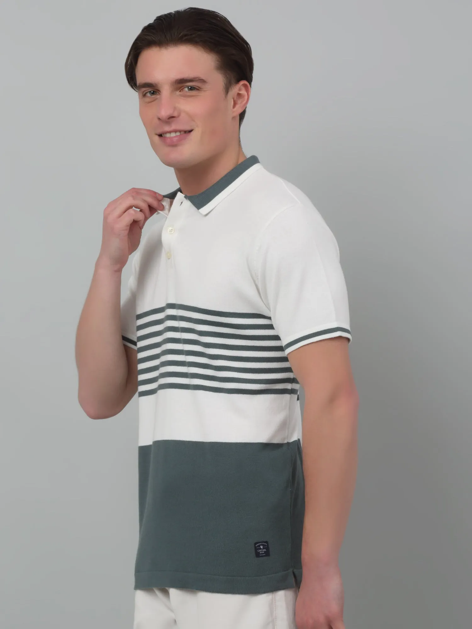 Men's Ivory Stripe Polo neck Half Sleeve Flatknit T-Shirt