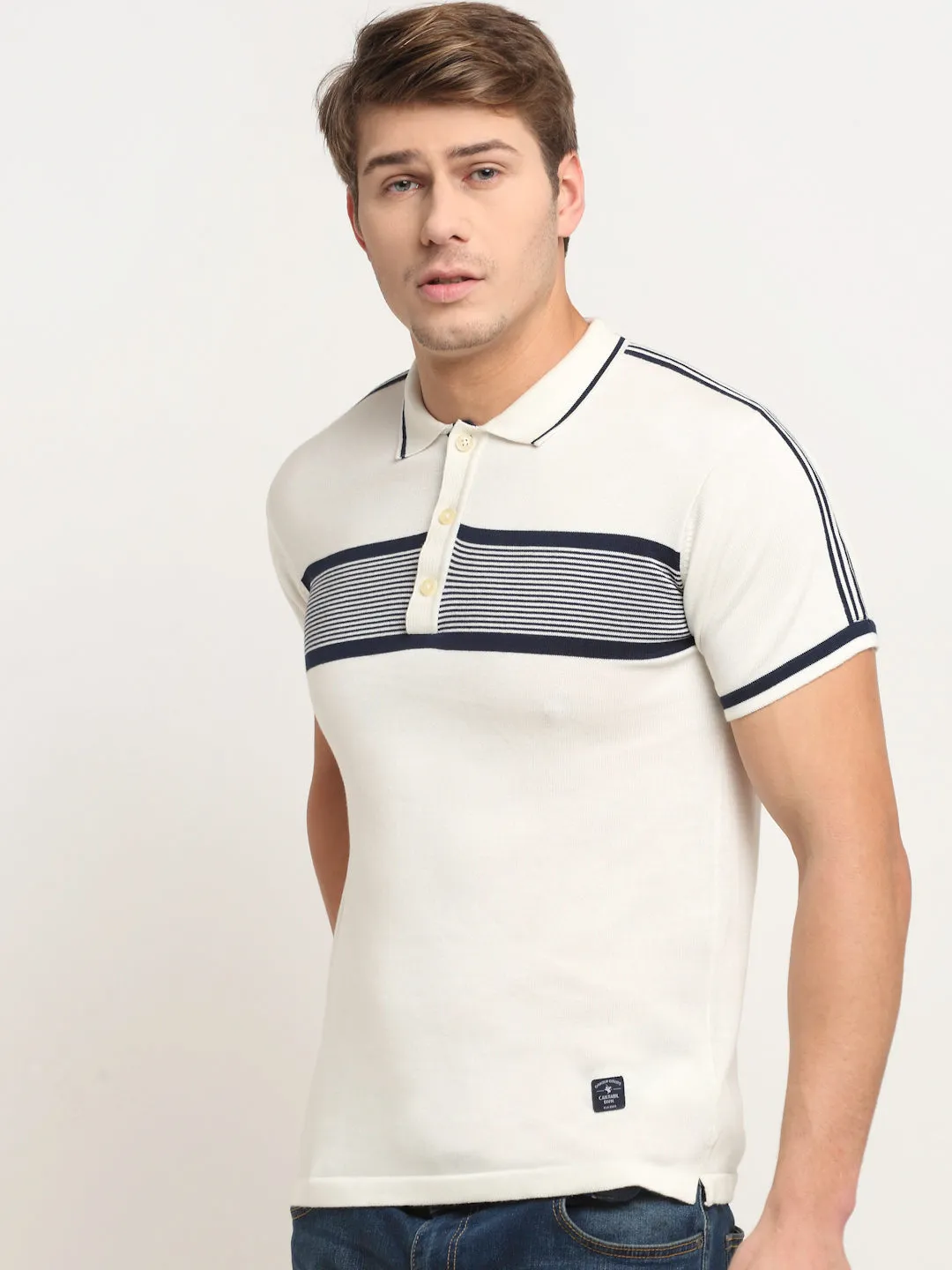 Men's Offwhite Placement Stripe Polo neck Half Sleeve Flatknit T-Shirt