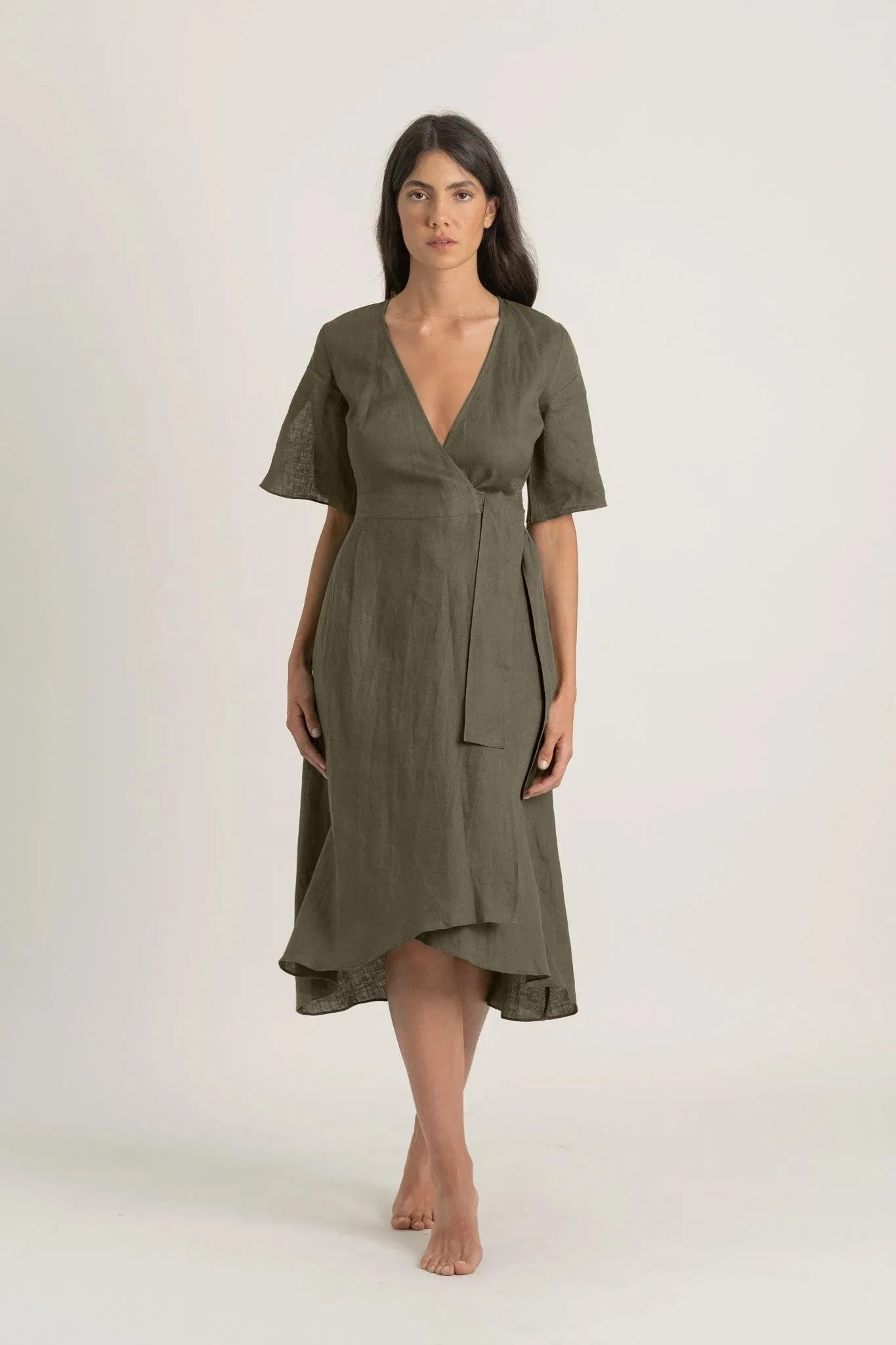 Meraki Linen Wrap Dress Khaki