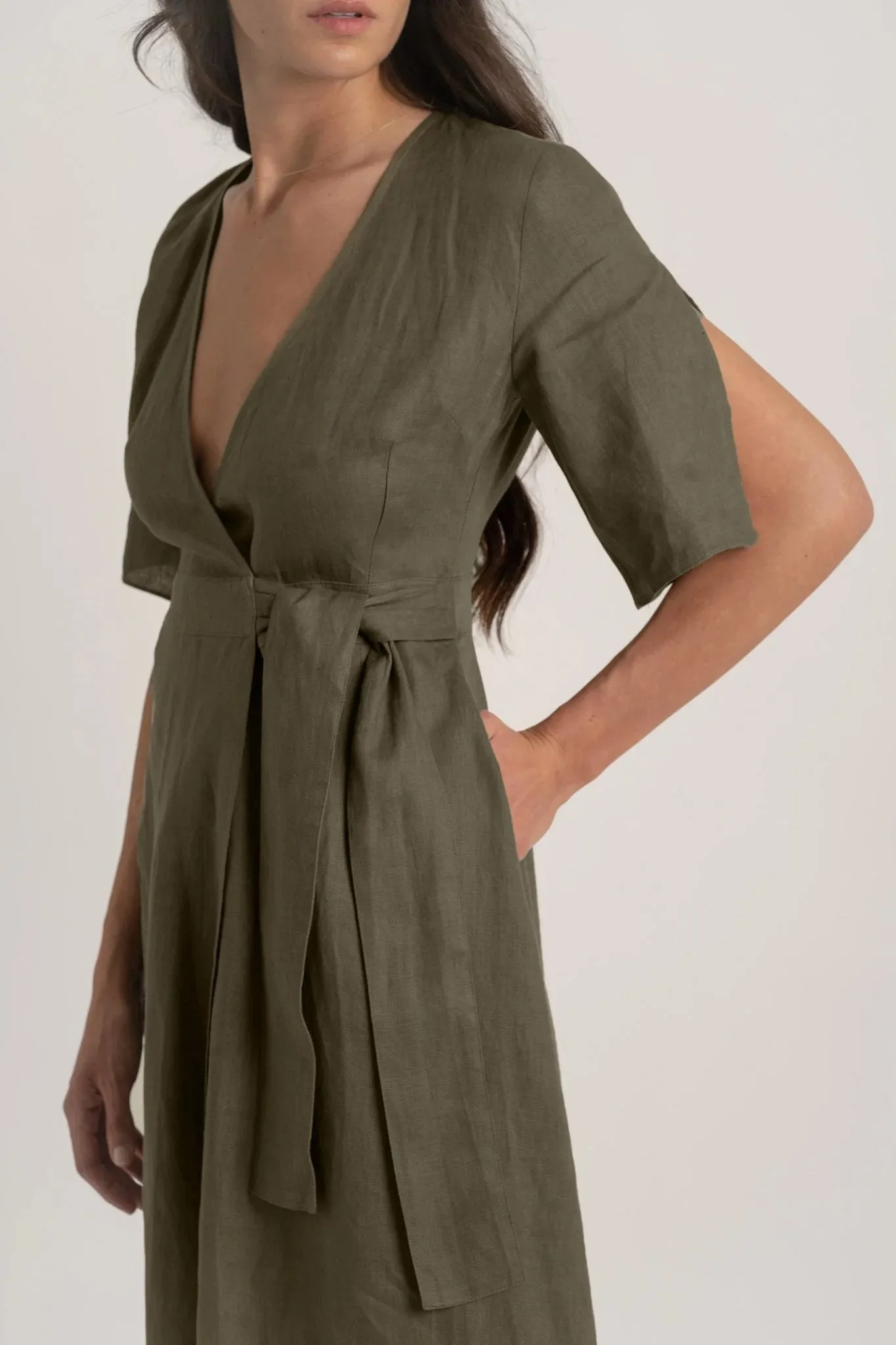 Meraki Linen Wrap Dress Khaki