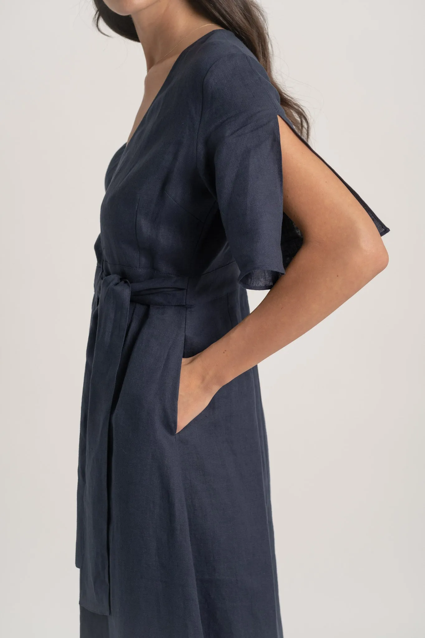 Meraki Linen Wrap Dress Navy