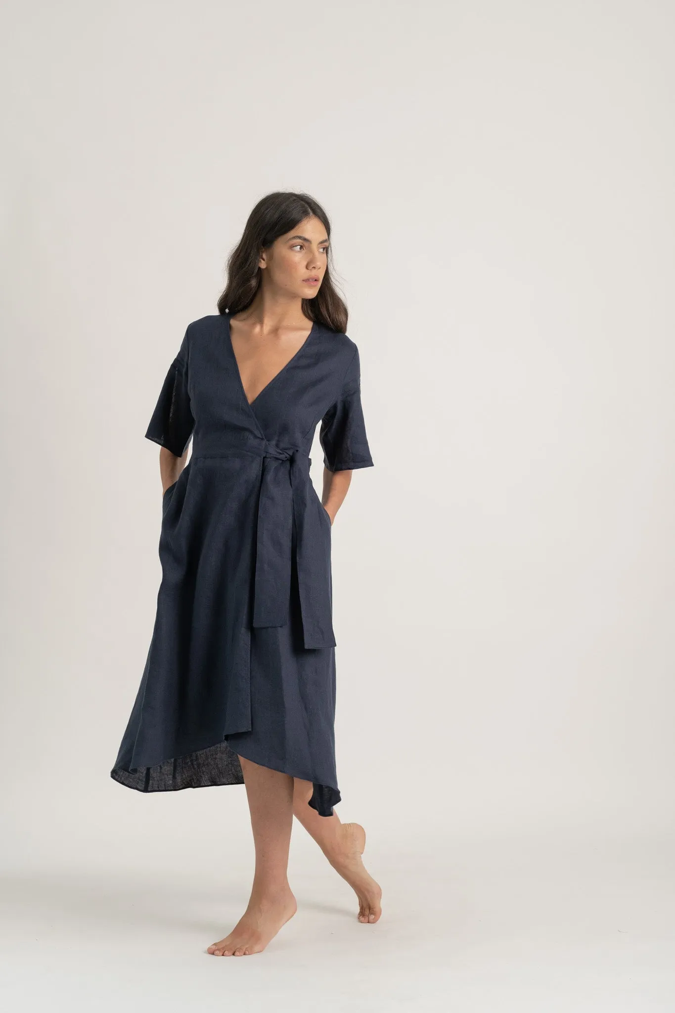 Meraki Linen Wrap Dress Navy