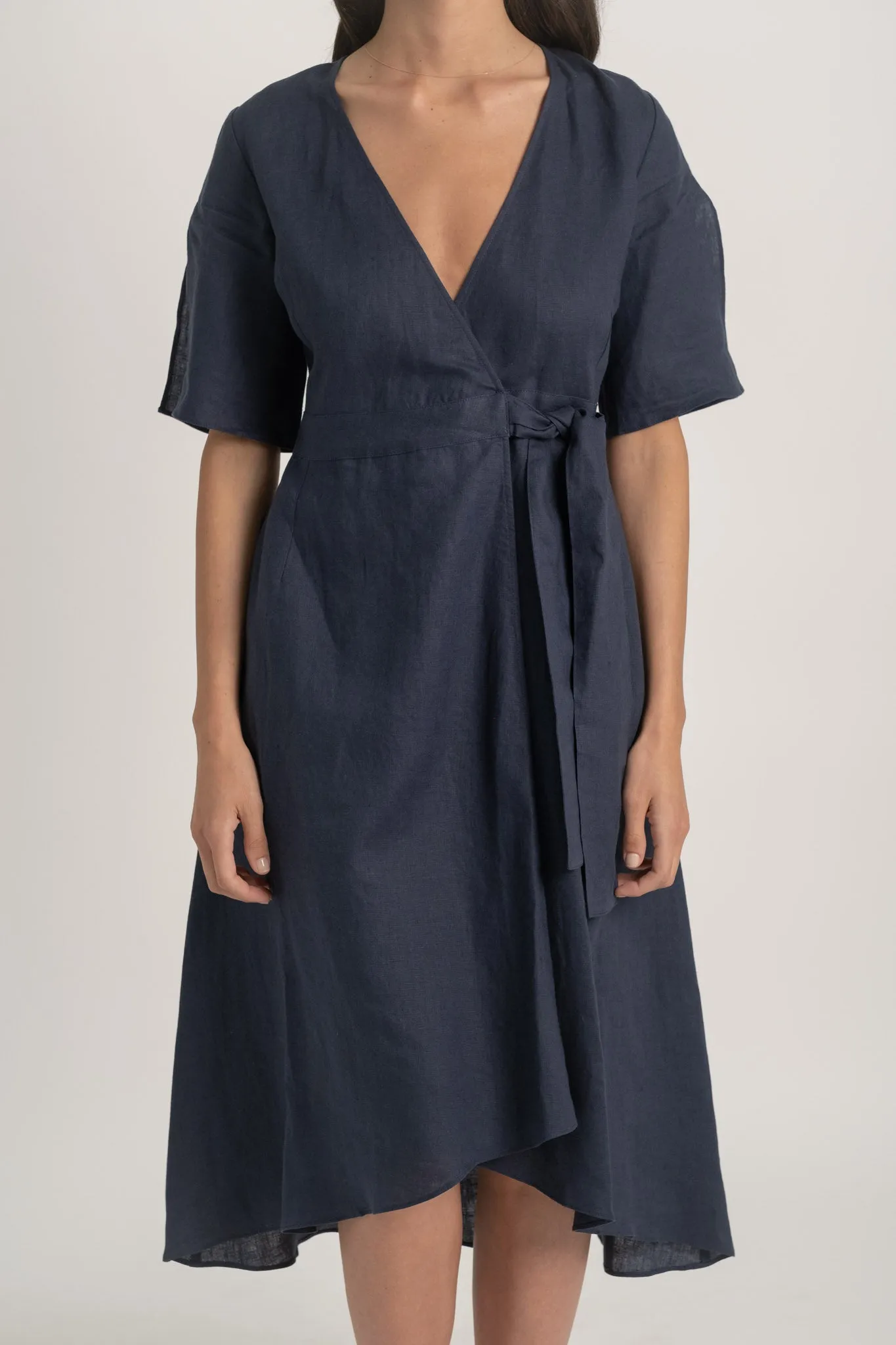 Meraki Linen Wrap Dress Navy