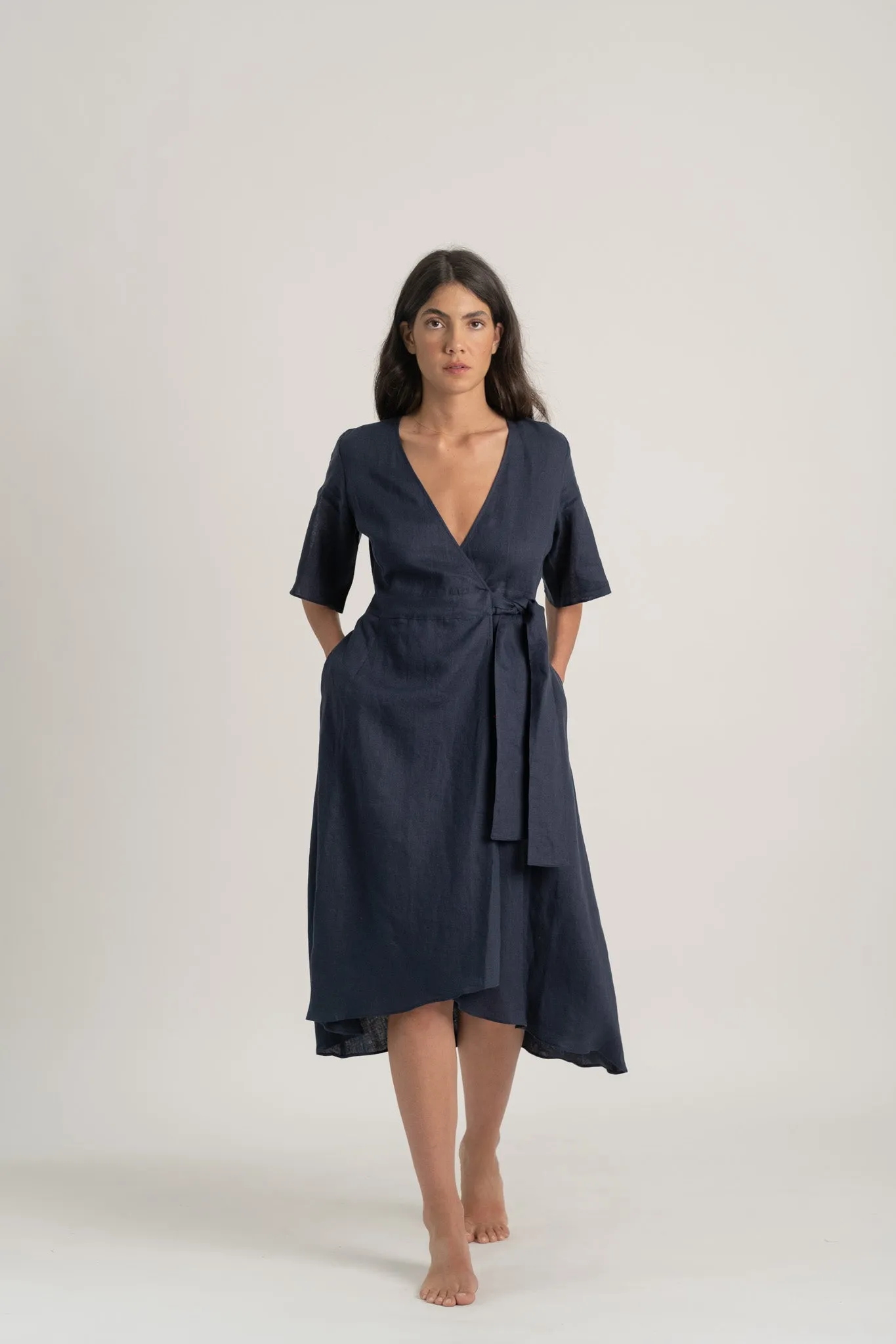 Meraki Linen Wrap Dress Navy