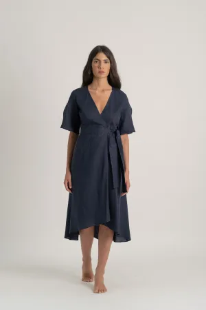 Meraki Linen Wrap Dress Navy