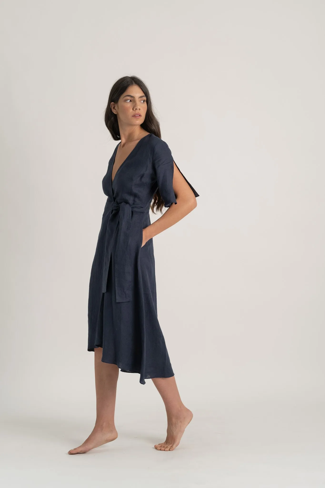 Meraki Linen Wrap Dress Navy