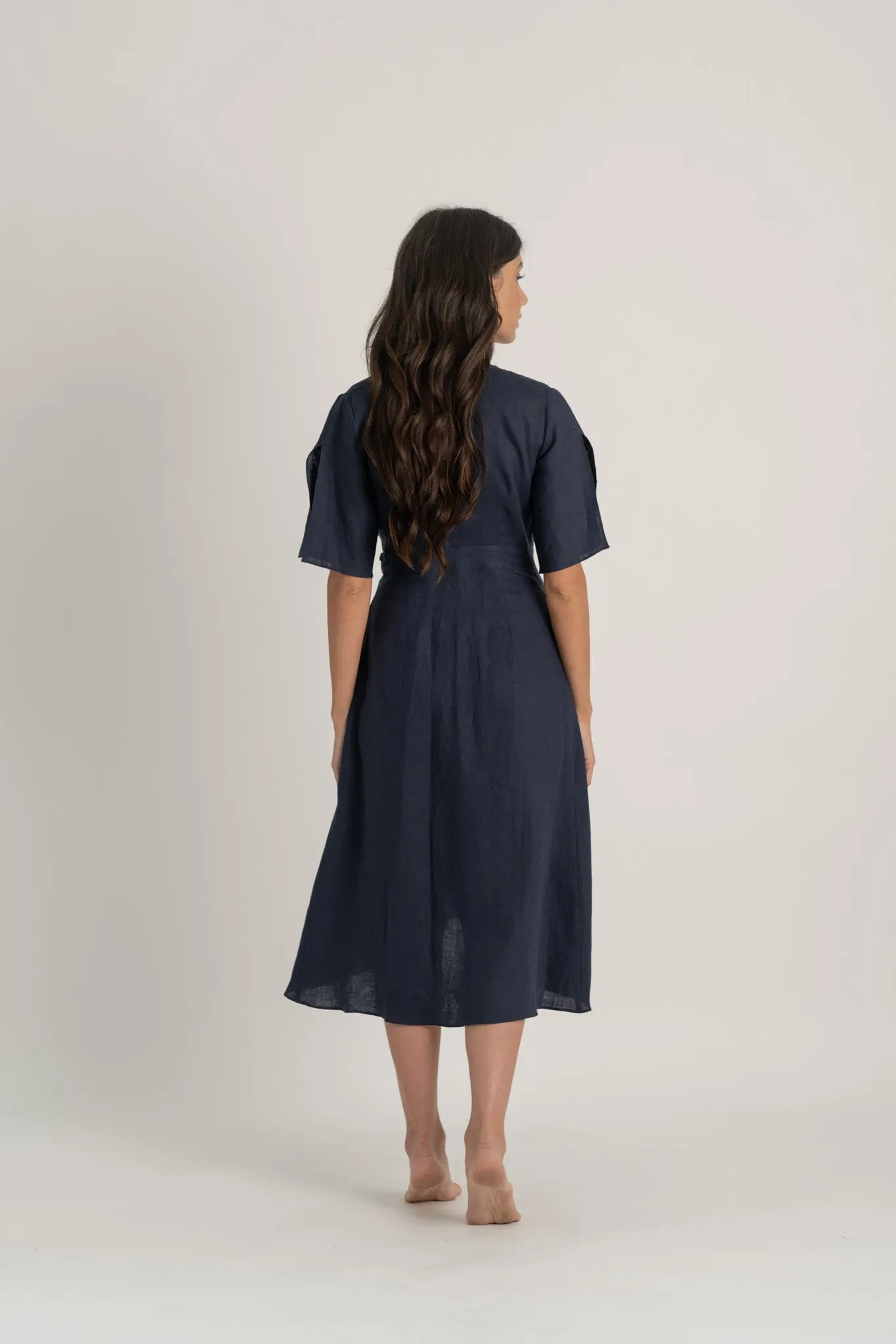 Meraki Linen Wrap Dress Navy