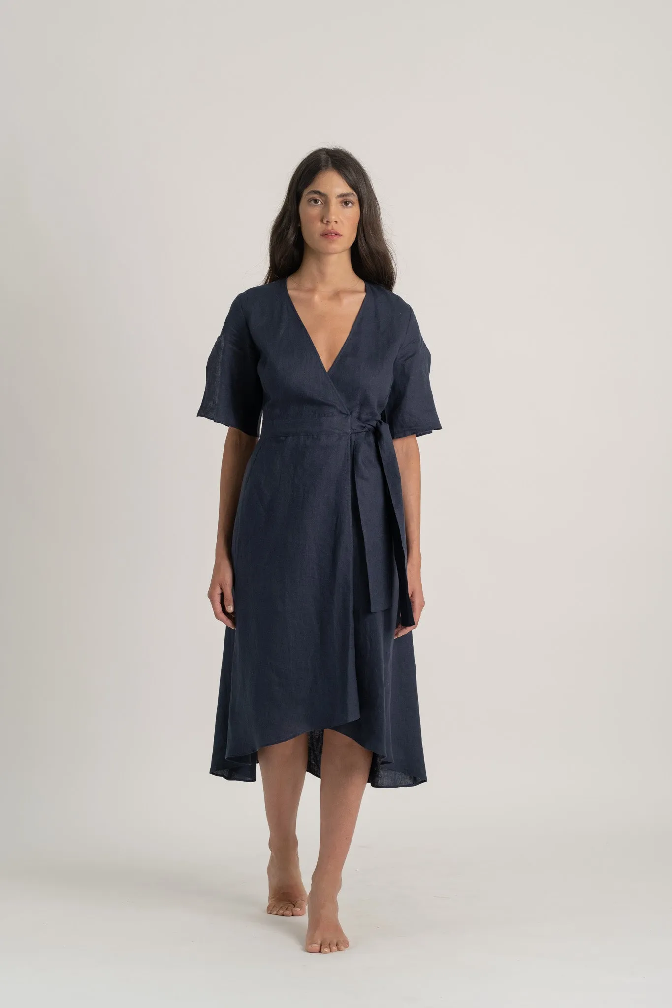 Meraki Linen Wrap Dress Navy