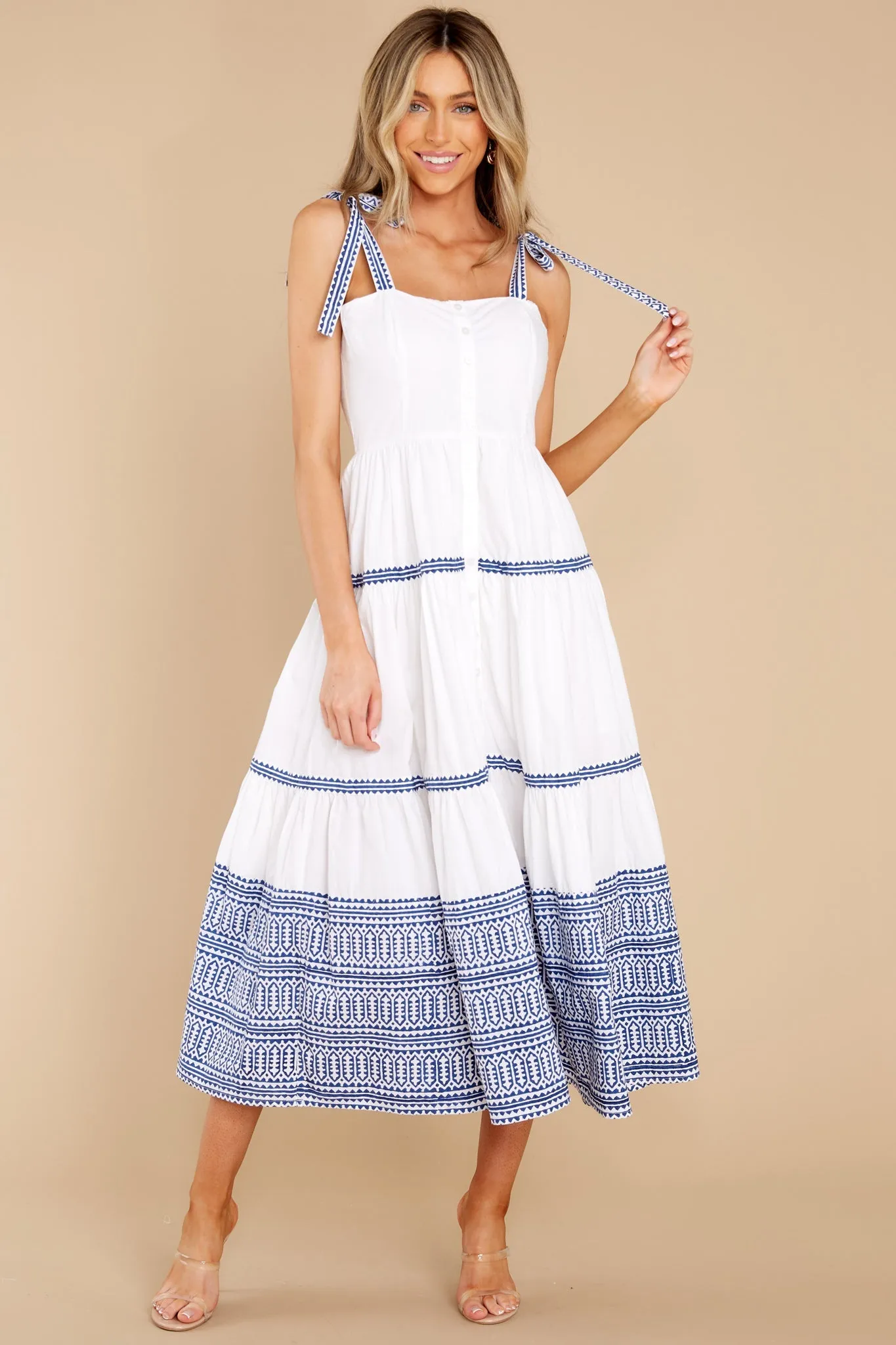 Mykonos Blue Tie Strap Button Front Midi Dress