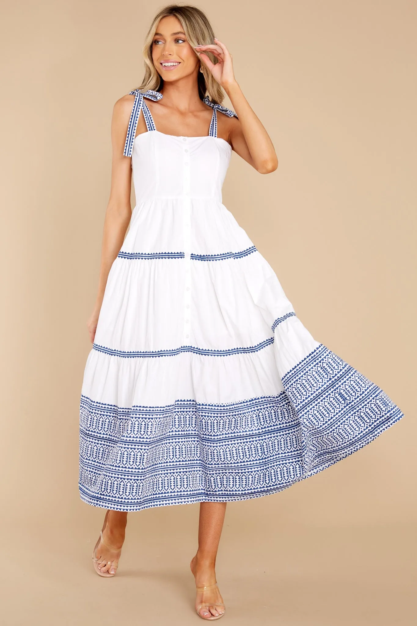 Mykonos Blue Tie Strap Button Front Midi Dress