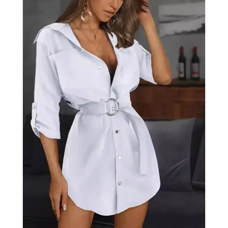 New European and American lace up cardigan solid color rolled up sleeve shirt dress versatile yet fashionable