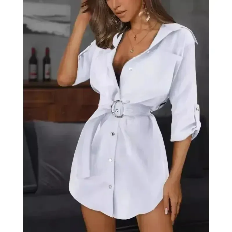 New European and American lace up cardigan solid color rolled up sleeve shirt dress versatile yet fashionable