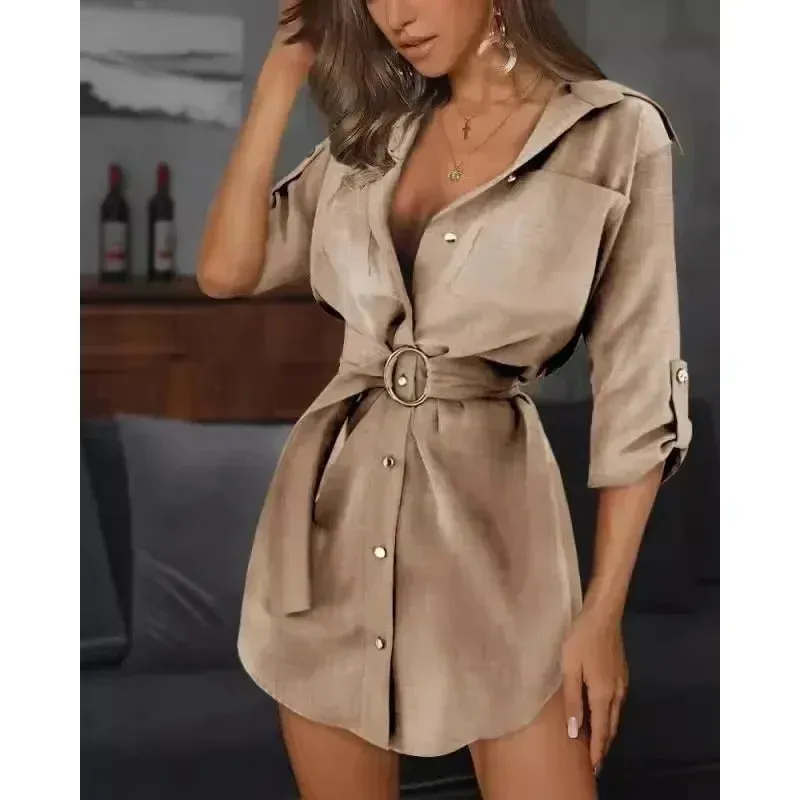 New European and American lace up cardigan solid color rolled up sleeve shirt dress versatile yet fashionable