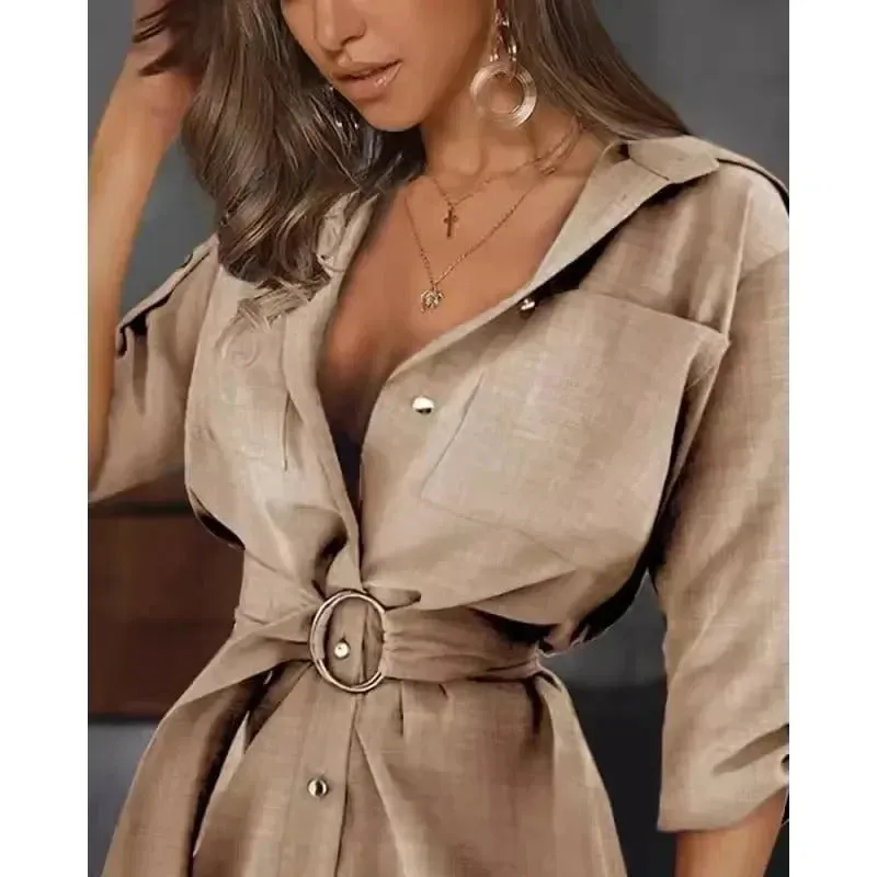 New European and American lace up cardigan solid color rolled up sleeve shirt dress versatile yet fashionable