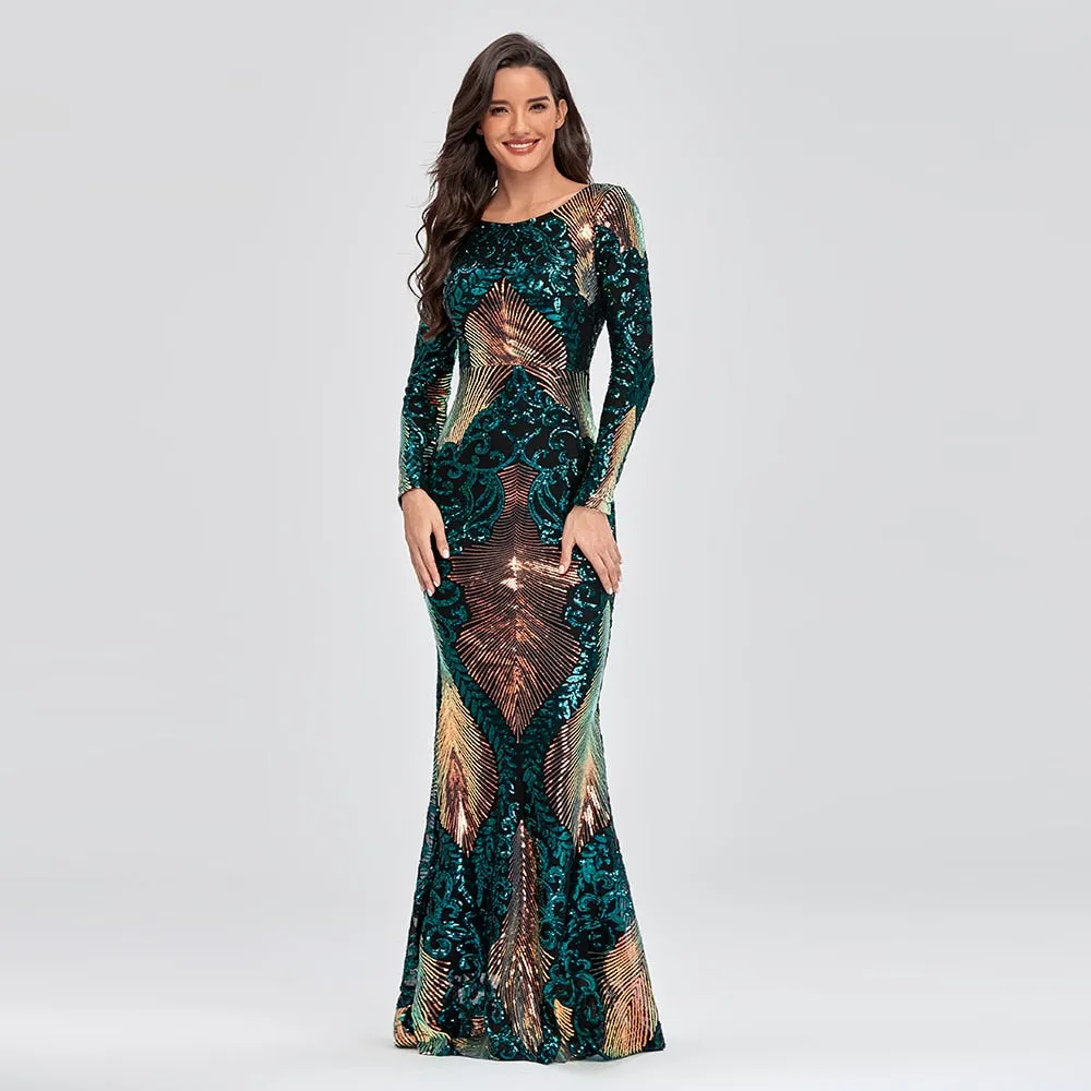 O-neck Long-Sleeve Shinning Sequins Evening Dresses Sexy Backless Mermaid Party Gowns Maxi Elegant Multi Female Robes vestidos