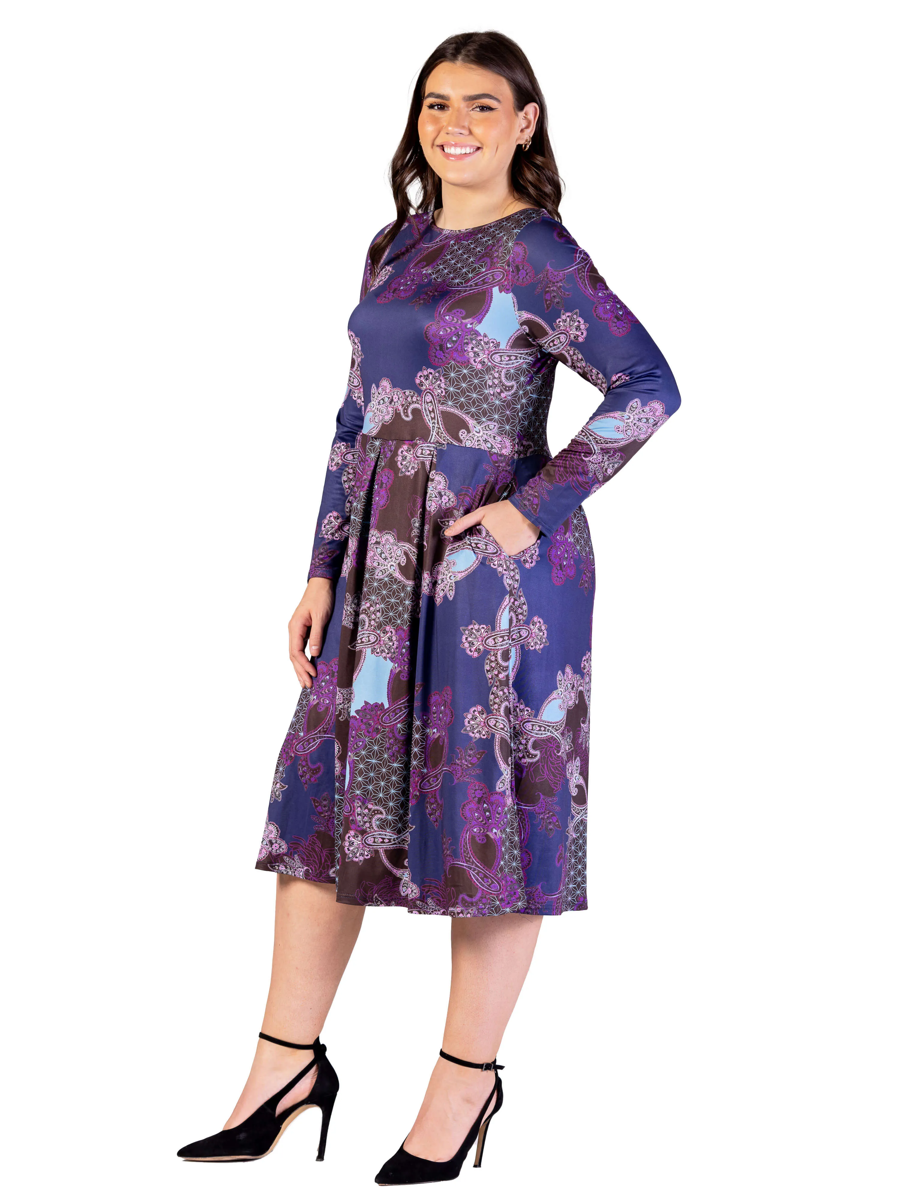 Plus Size Purple Paisley Midi Length Long Sleeve Pocket Dress