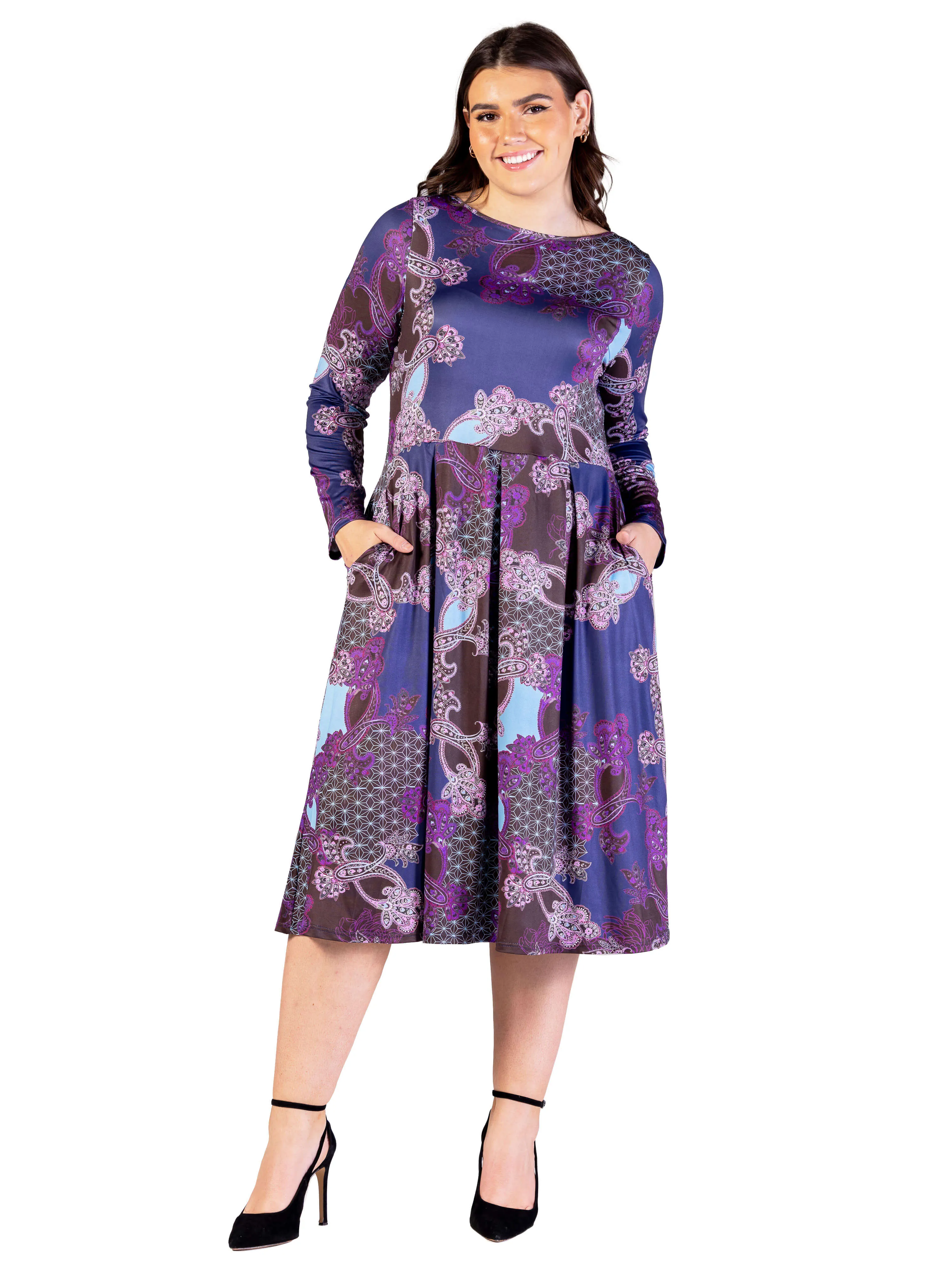 Plus Size Purple Paisley Midi Length Long Sleeve Pocket Dress