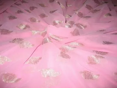 Polyester georgette fabric with metalic silver & gold jacquard~Baby Pink colour