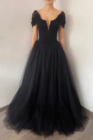 Princess Black Gothic Corset Tulle Prom Dress,Elegant Black Formal Gown