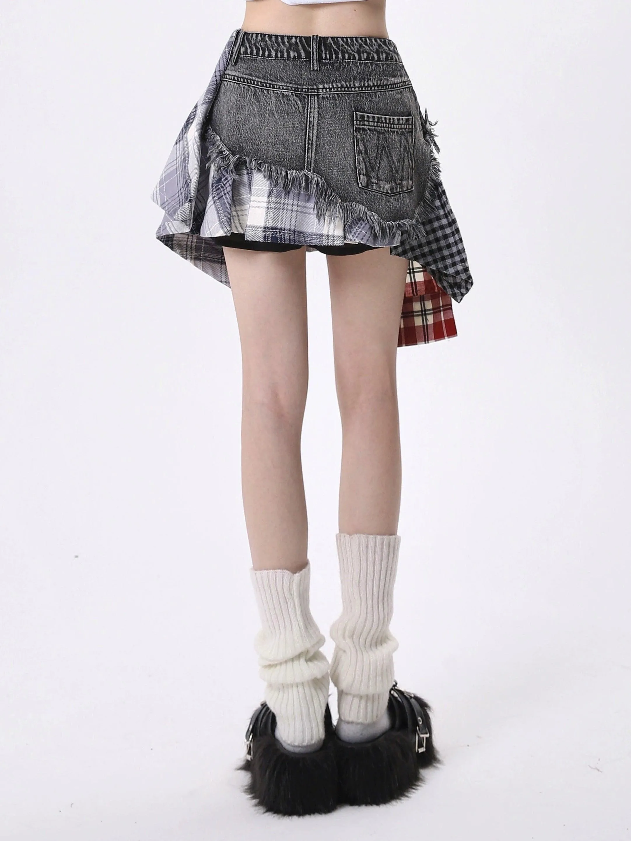 Rayohopp Edgy Grunge Outfit Set - Women'S Asymmetrical Patchwork Skirt With Cropped 'Angster Club' Graphic Tee