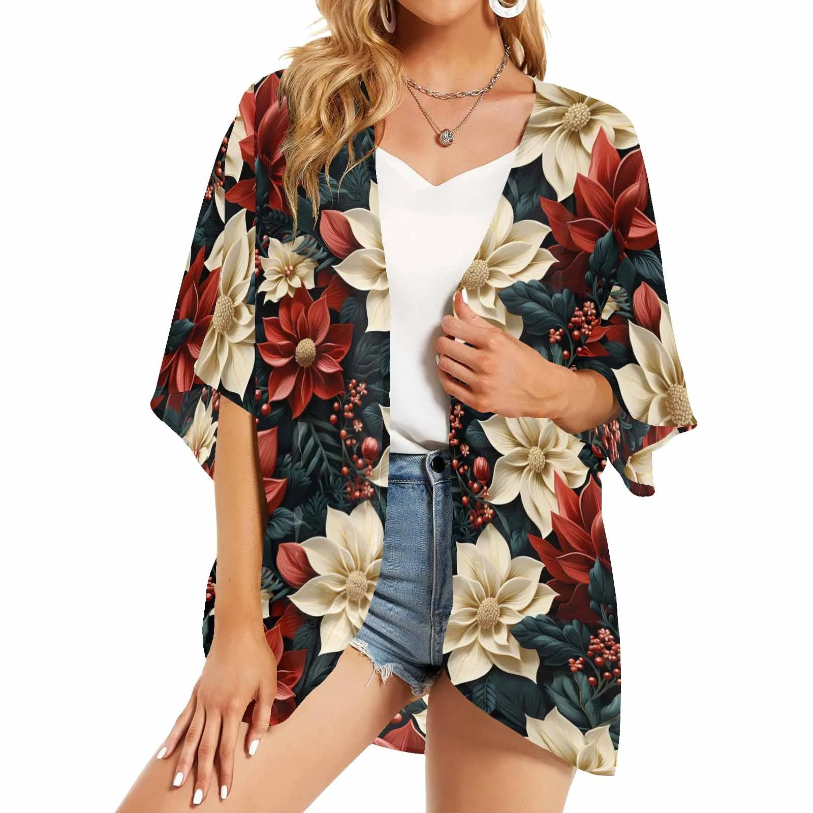 Red Poinsettia Women's Kimono Chiffon Cover Up