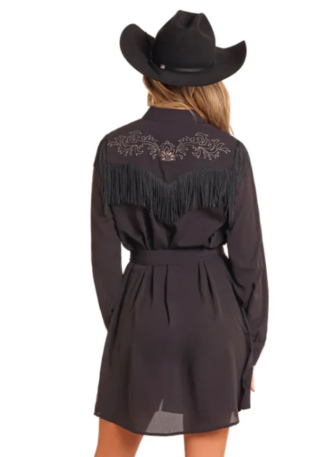 Rock and Roll Cowgirl Women's Black Embroidered Fringe Self Tie Shirt Dress BWD2R04473