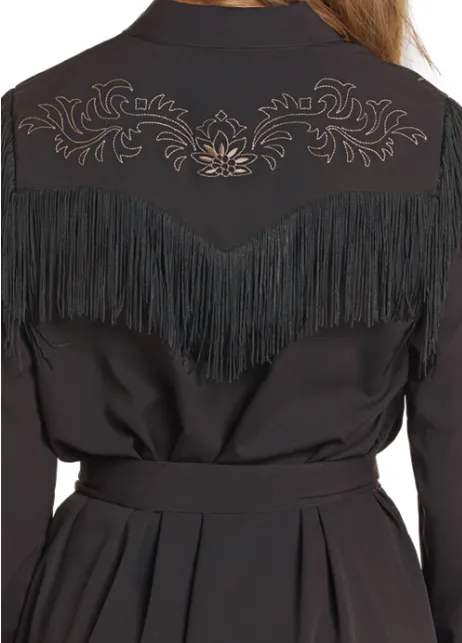 Rock and Roll Cowgirl Women's Black Embroidered Fringe Self Tie Shirt Dress BWD2R04473